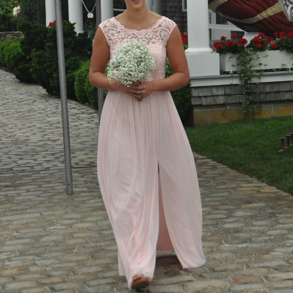 long bridesmaid dress with lace bodice david's bridal f19328